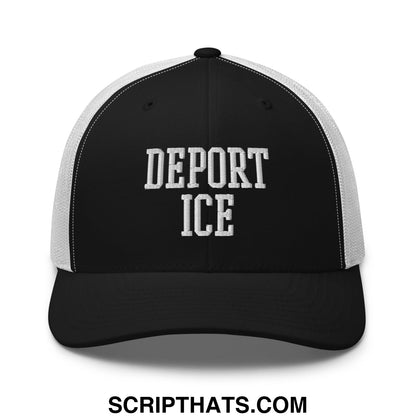 Black and white mesh trucker hat with deport ice embroidered in bold textured white lettering on front panel