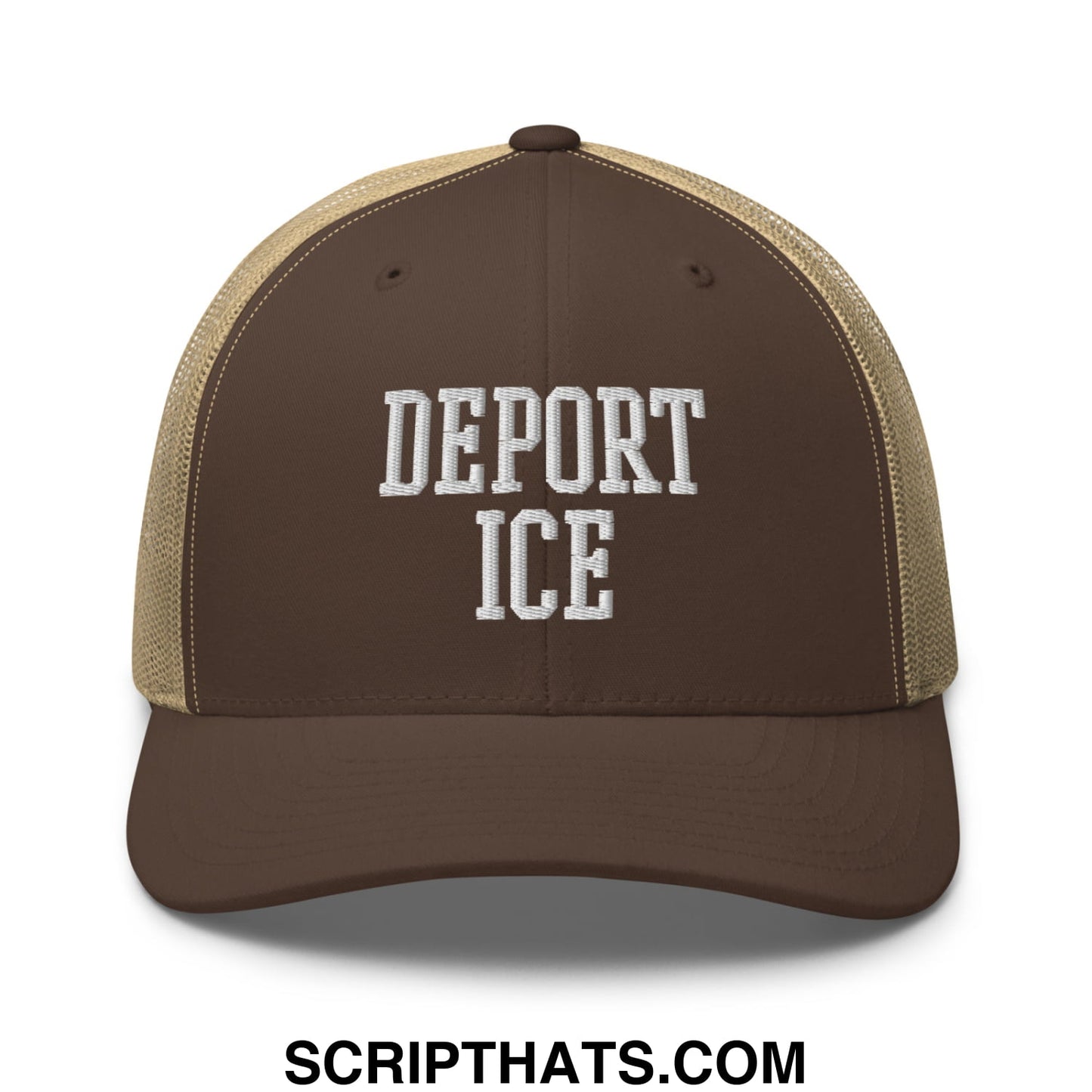 Brown and tan mesh trucker hat with white embroidered deport ice text front view