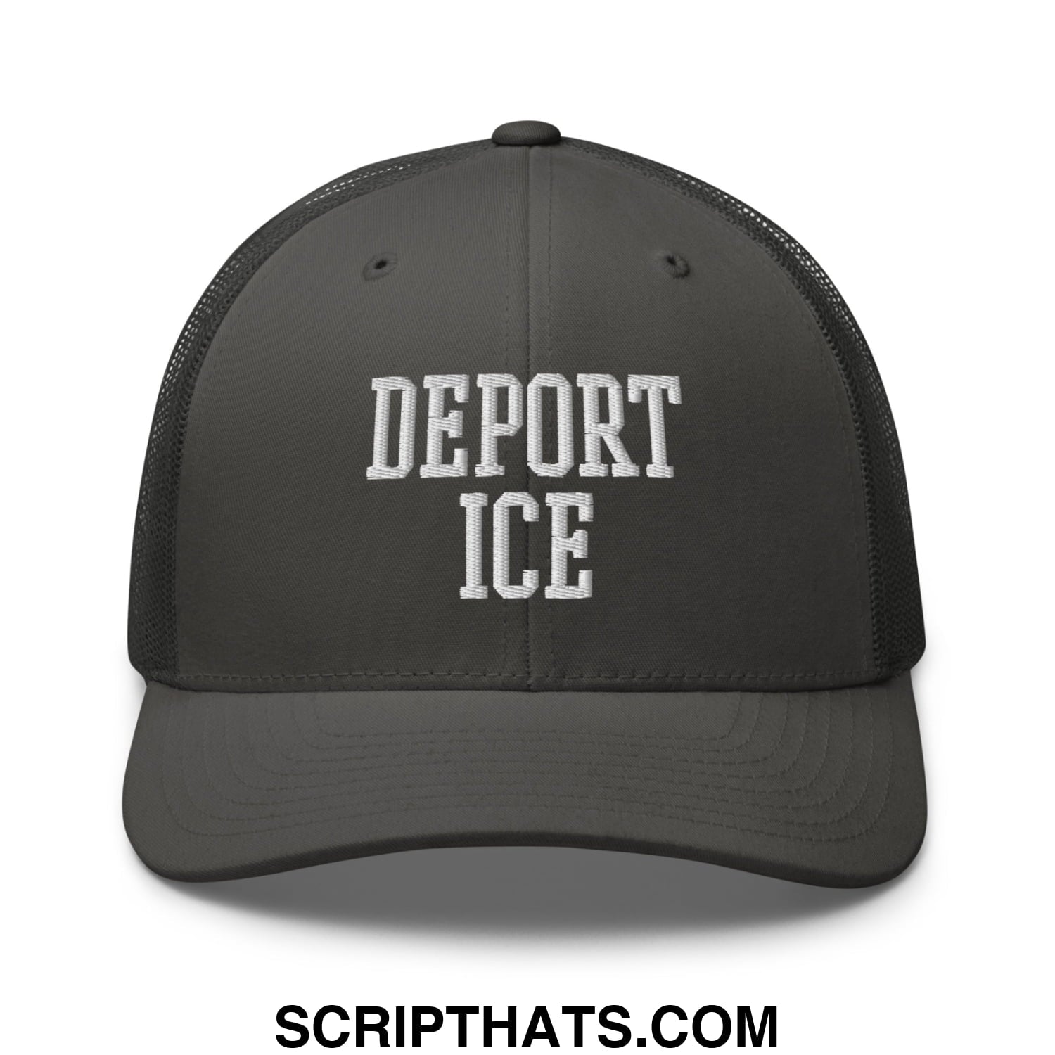 Dark gray mesh trucker hat with white embroidered deport ice text on the front panel