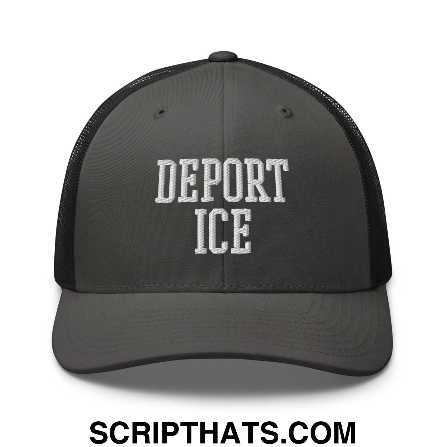 Deport ICE Embroidered Mesh Trucker Hat Charcoal Black