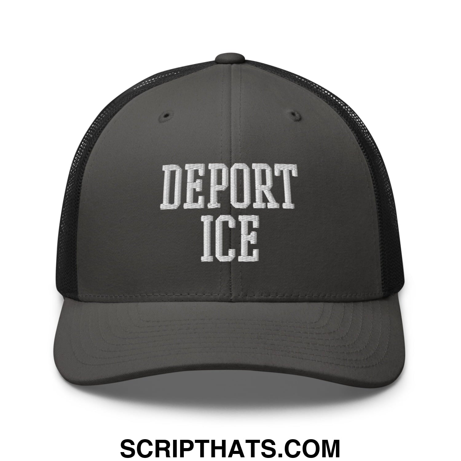 Dark gray mesh trucker hat with white embroidered deport ice text on the front panel
