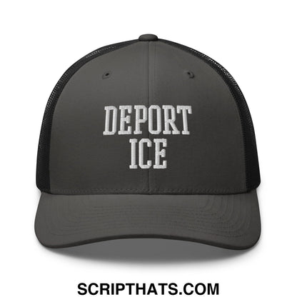Dark gray mesh trucker hat with white embroidered deport ice text on the front panel