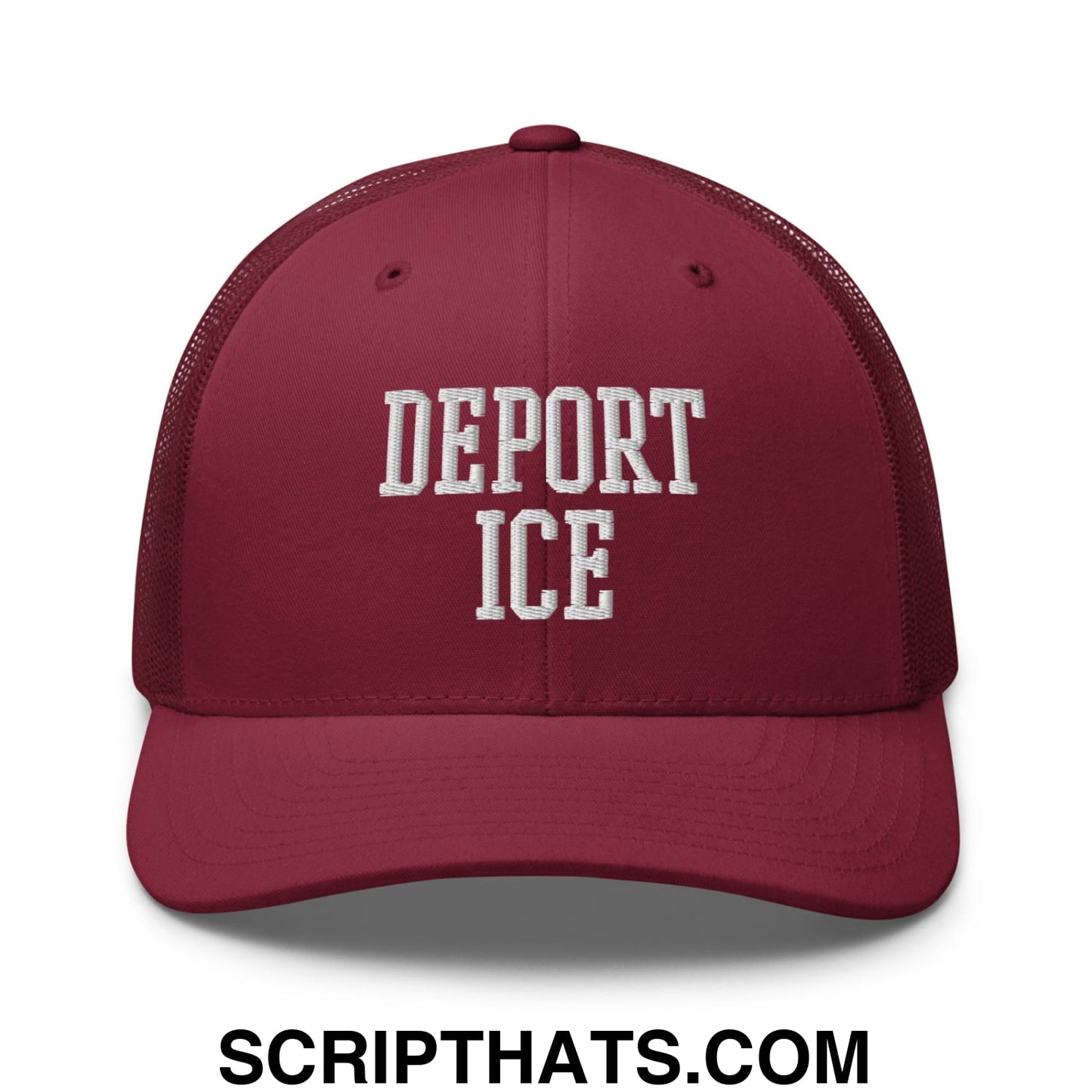 Deport ICE Embroidered Mesh Trucker Hat Cranberry