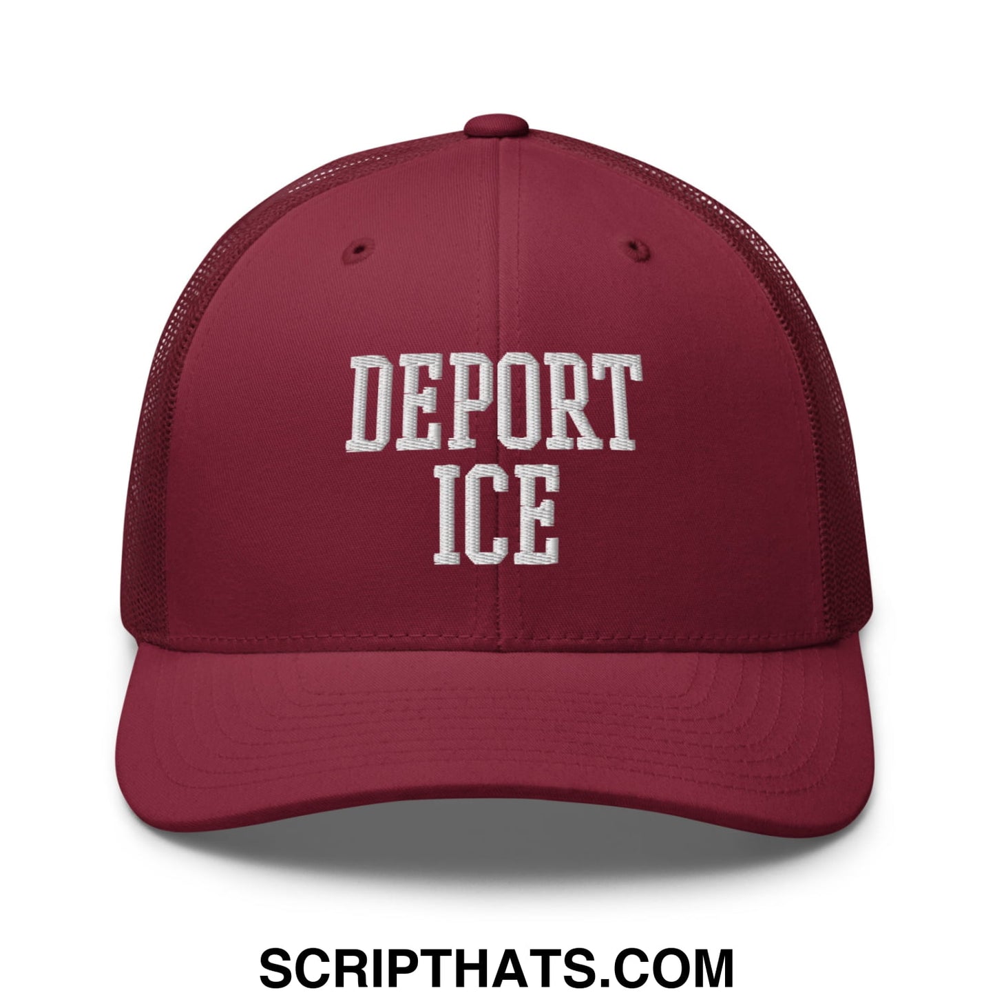 Maroon mesh trucker hat with white embroidered Deport ICE text featuring breathable mesh back panel