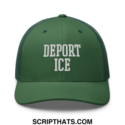 Green mesh trucker hat with white embroidered deport ice text on the front for casual and outdoor wear