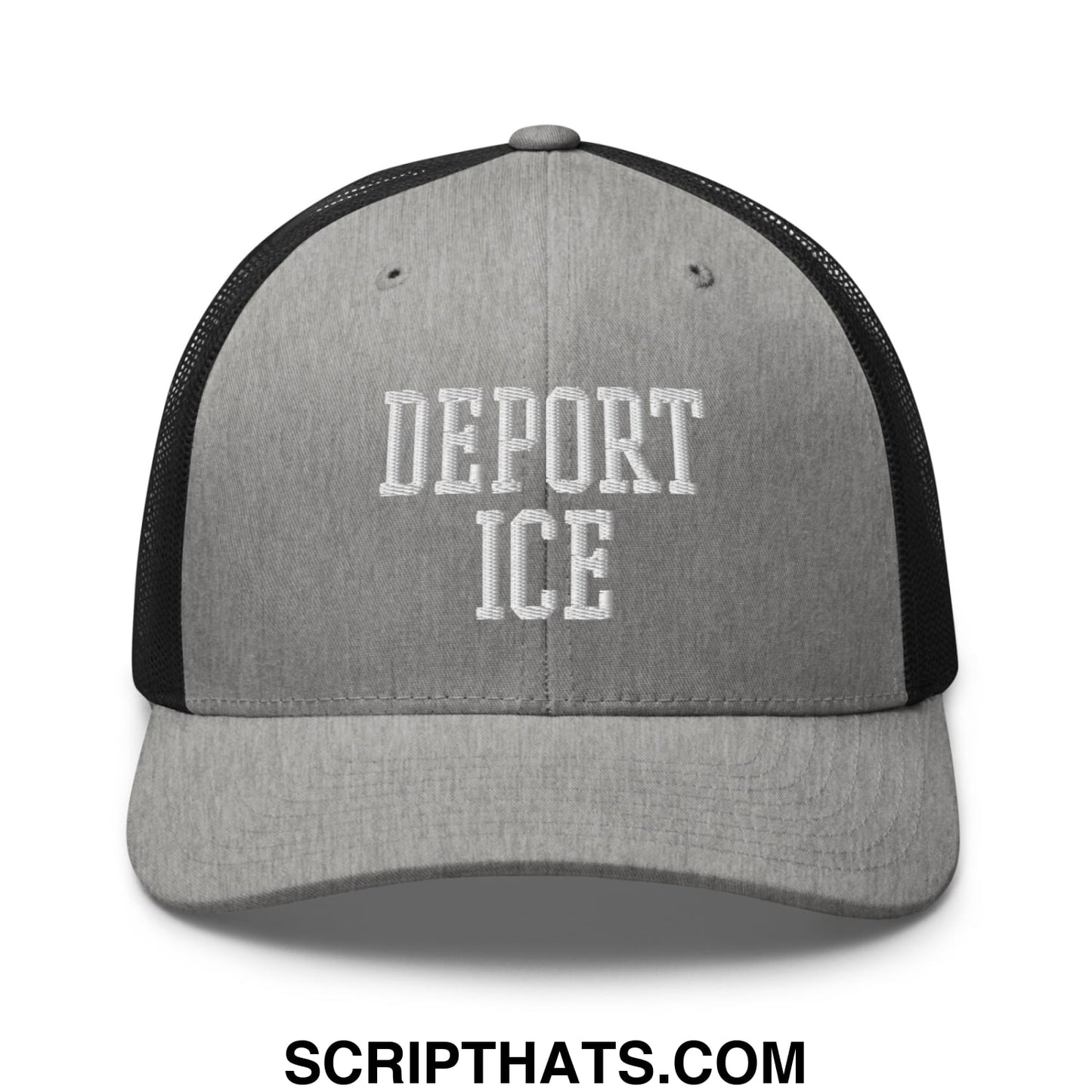 Gray and black mesh trucker hat with white embroidered deport ice text designed for casual wear