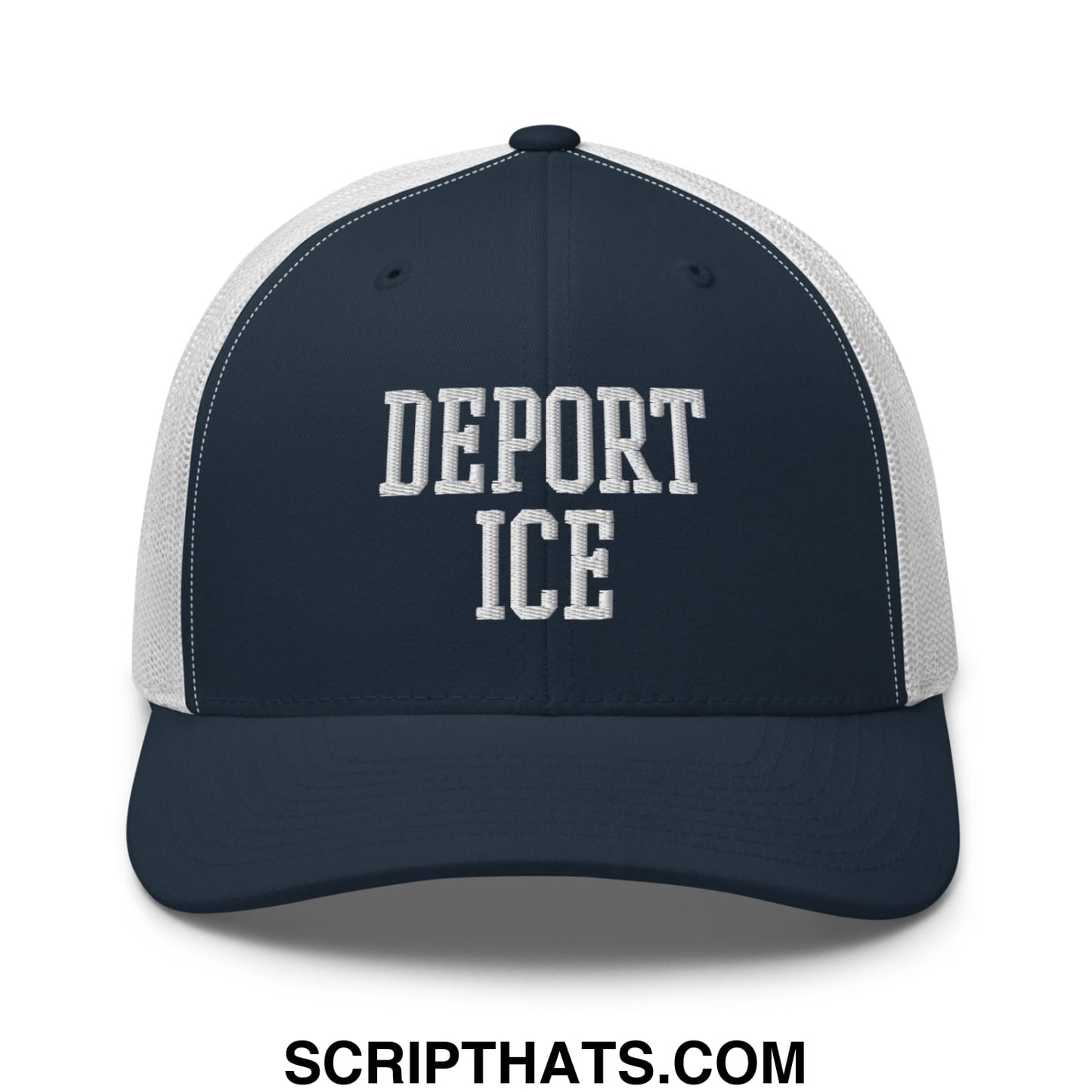 Navy blue and white mesh trucker hat with deport ice embroidered in bold textured white lettering on front panel