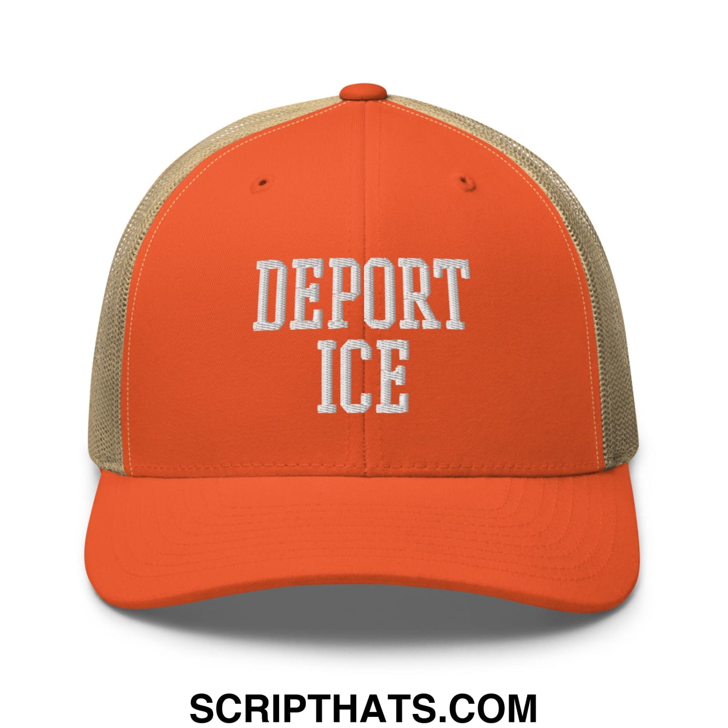 Orange and beige mesh trucker hat with white embroidered deport ice text front view