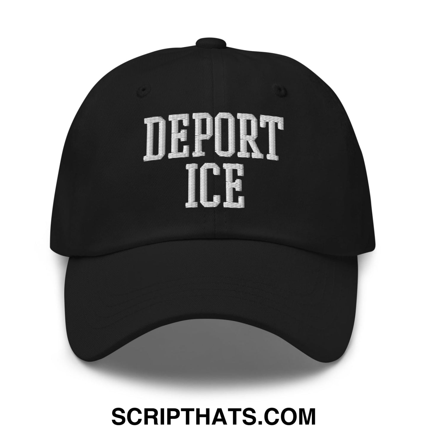 Black unstructured dad hat with white embroidered deport ice text in classic collegiate font