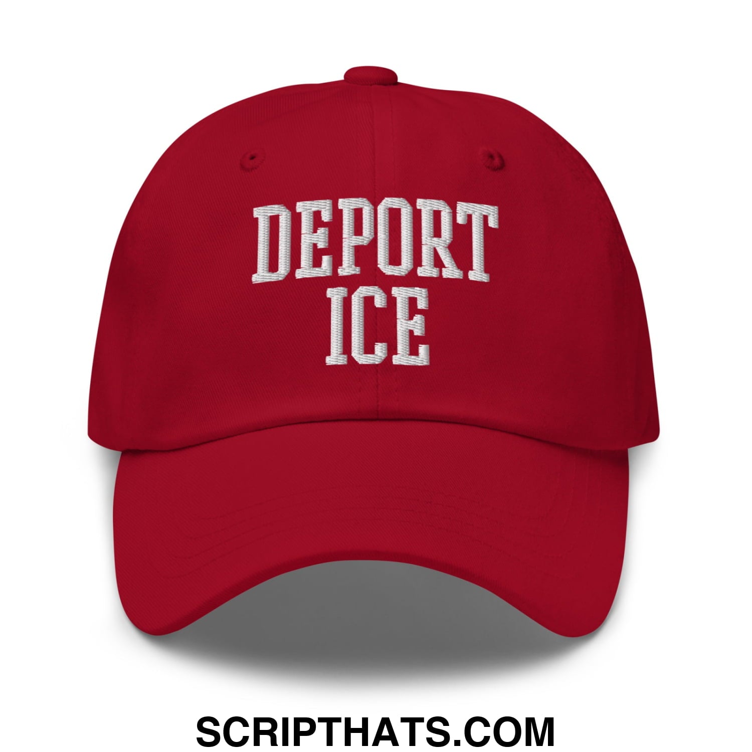 A red Deport ICE embroidered unstructured dad hat with white collegiate lettering on the front