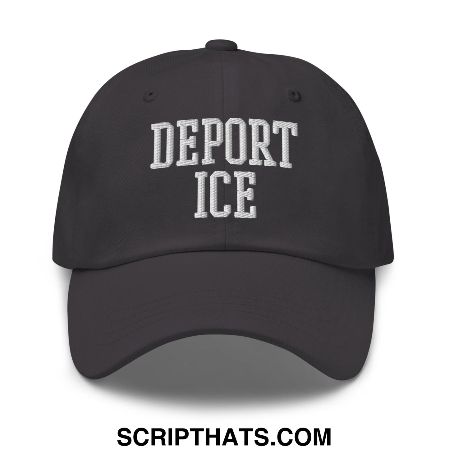 Black unstructured dad hat with white embroidered deport ice text in classic collegiate font
