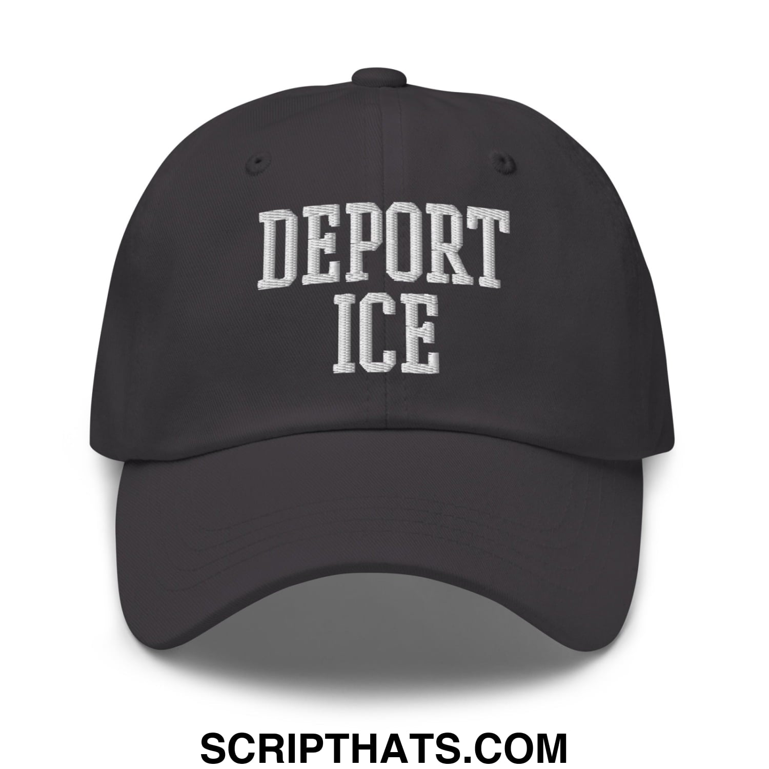 Black unstructured dad hat with white embroidered deport ice text in classic collegiate font