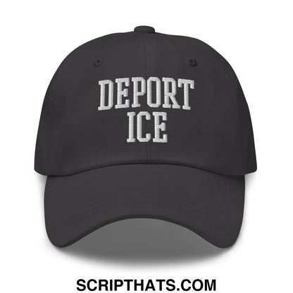 Black unstructured dad hat with white embroidered deport ice text in classic collegiate font