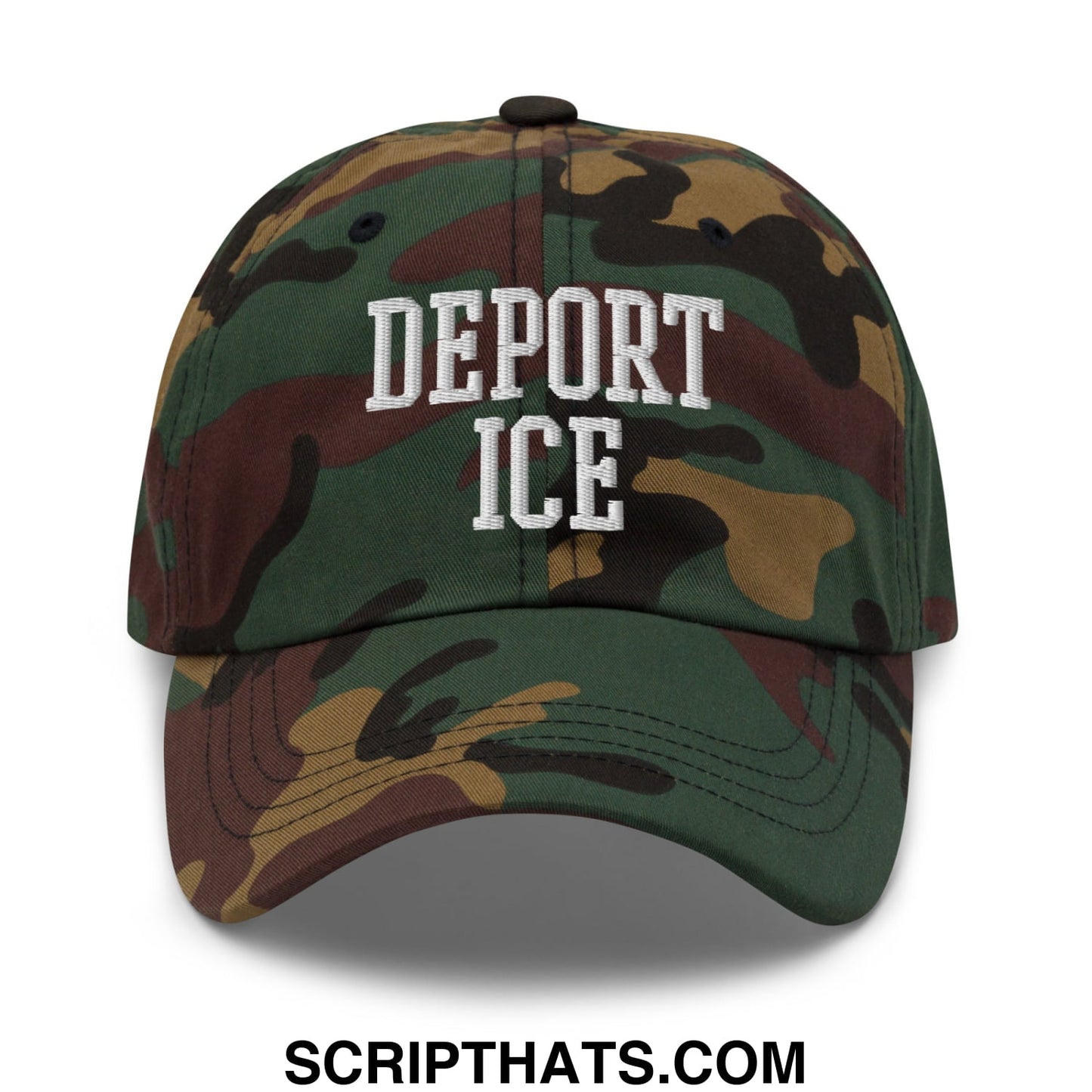 A camouflage unstructured dad hat with deport ice embroidered in white lettering on the front panel