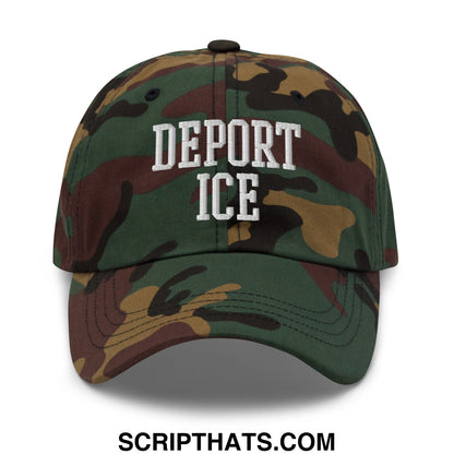 A camouflage unstructured dad hat with deport ice embroidered in white lettering on the front panel