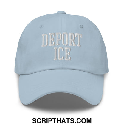 Light blue unstructured dad hat with white embroidered deport ice text on front for casual wear