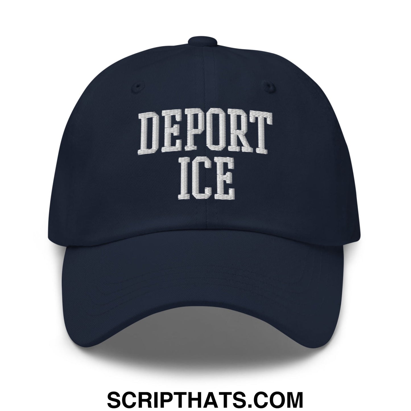 Navy blue unstructured dad hat with white embroidered deport ice text in classic collegiate font