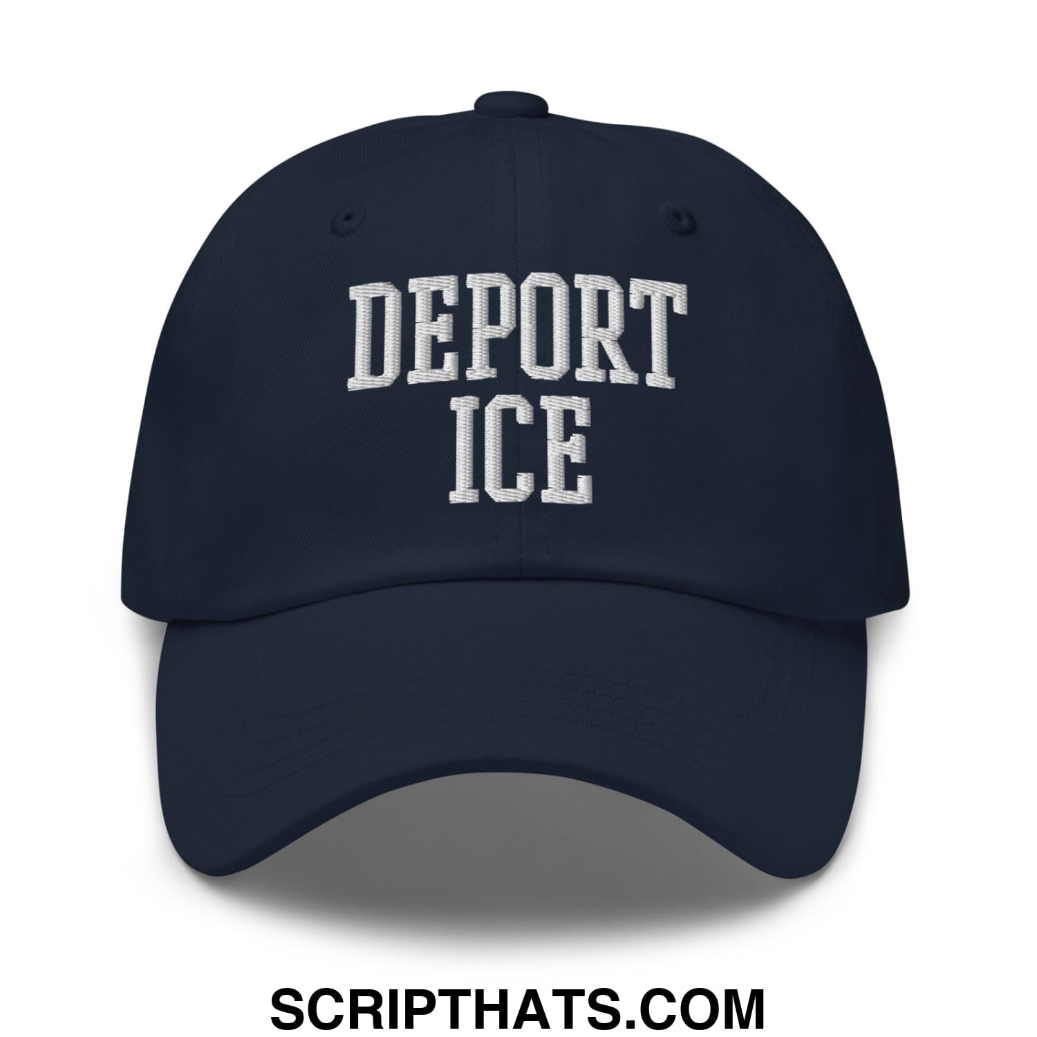 Navy blue unstructured dad hat with white embroidered deport ice text in classic collegiate font