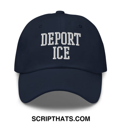 Navy blue unstructured dad hat with white embroidered deport ice text in classic collegiate font