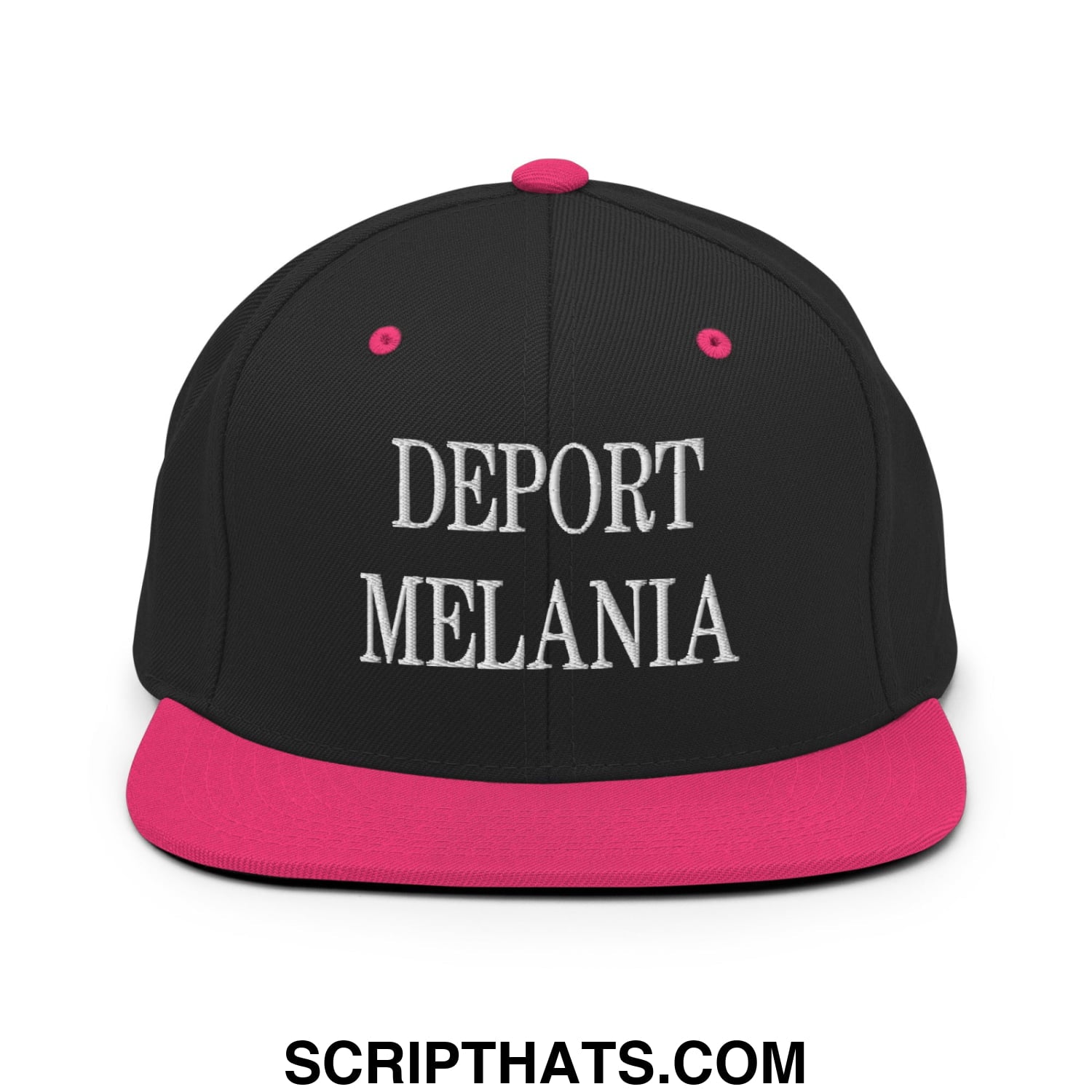 Black snapback hat with vibrant pink brim and button featuring white embroidered text deport melania