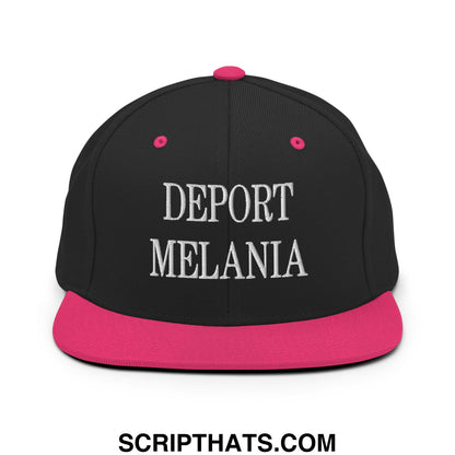 Black snapback hat with vibrant pink brim and button featuring white embroidered text deport melania