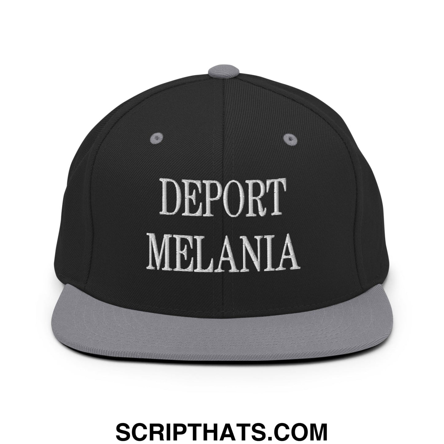 Black snapback cap with gray flat bill and white embroidered deport melania text in classic serif font