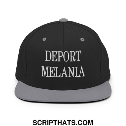 Black snapback cap with gray flat bill and white embroidered deport melania text in classic serif font