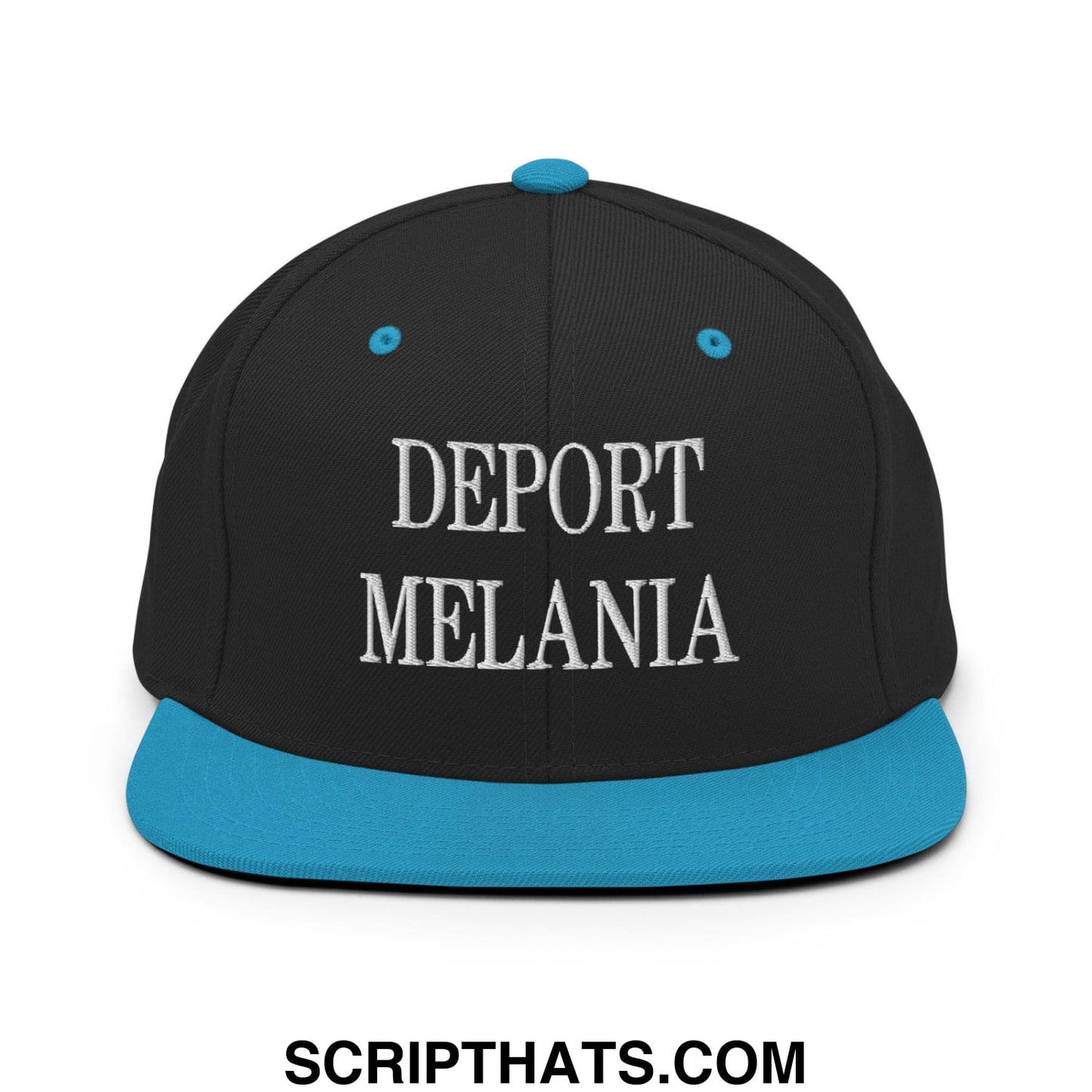 Black snapback hat with teal brim and white embroidered deport melania text on front panel