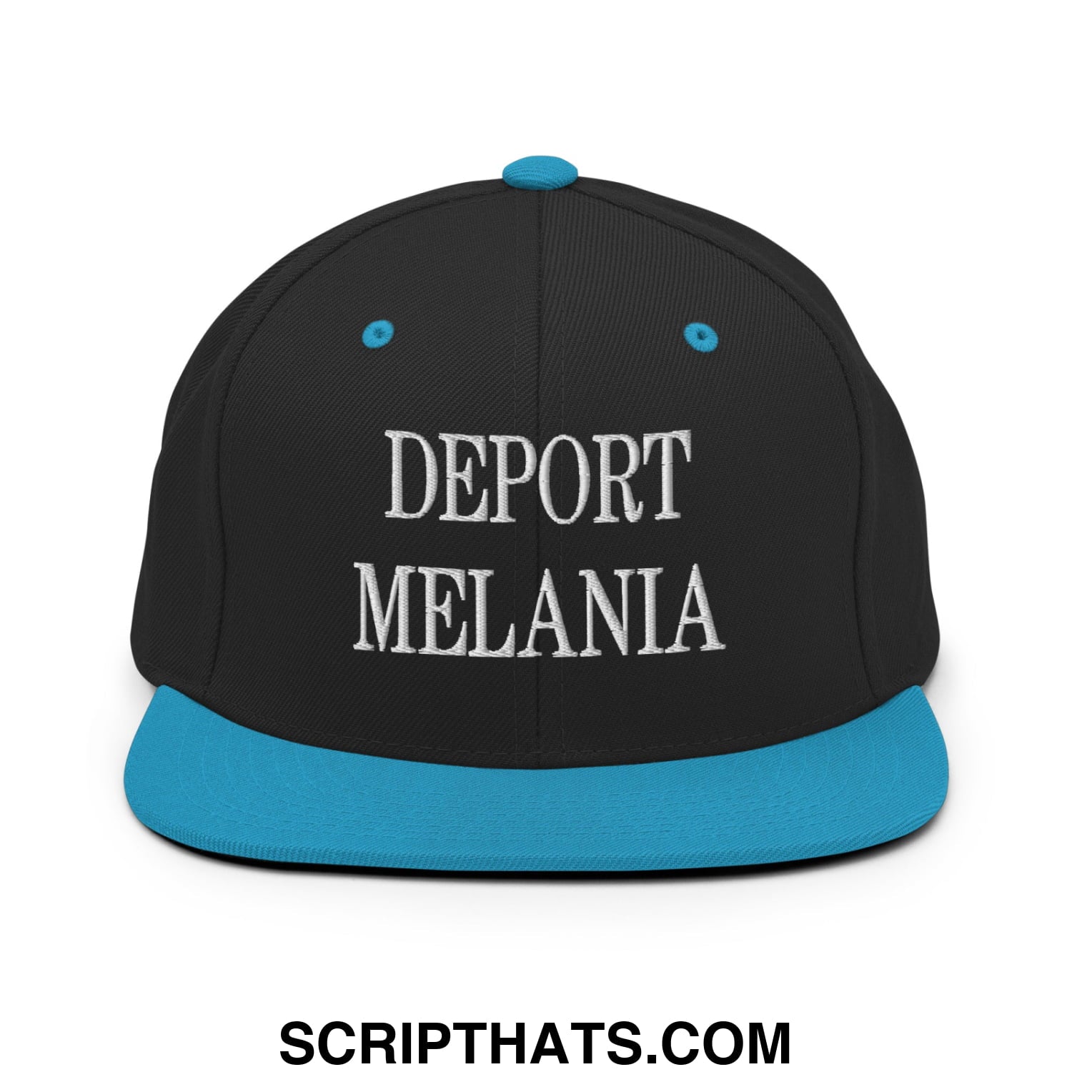 Black snapback hat with teal brim and white embroidered deport melania text on front panel