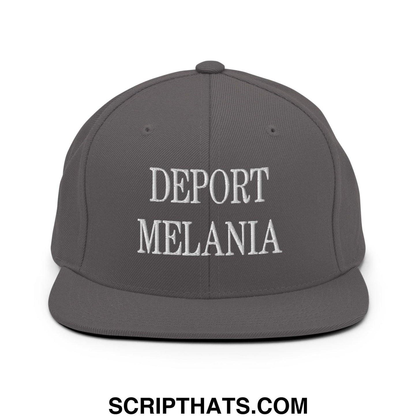 Gray snapback hat with white embroidered text reading deport melania featuring a flat bill brim design
