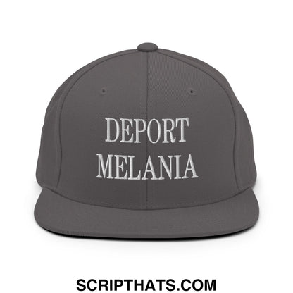 Gray snapback hat with white embroidered text reading deport melania featuring a flat bill brim design