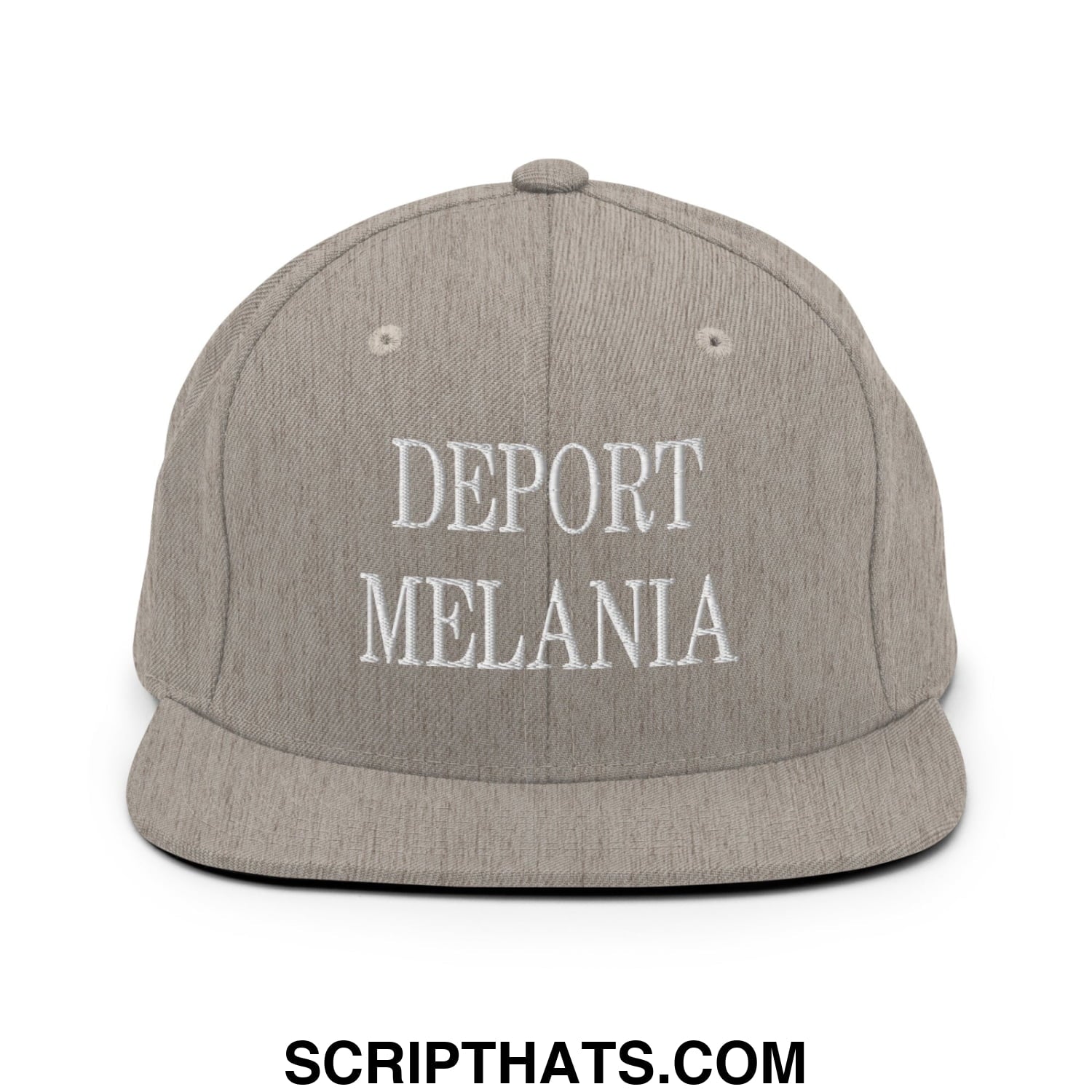 Gray snapback hat with white embroidered deport melania text and flat bill brim for casual wear