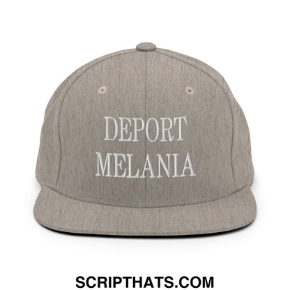 Gray snapback hat with white embroidered deport melania text and flat bill brim for casual wear