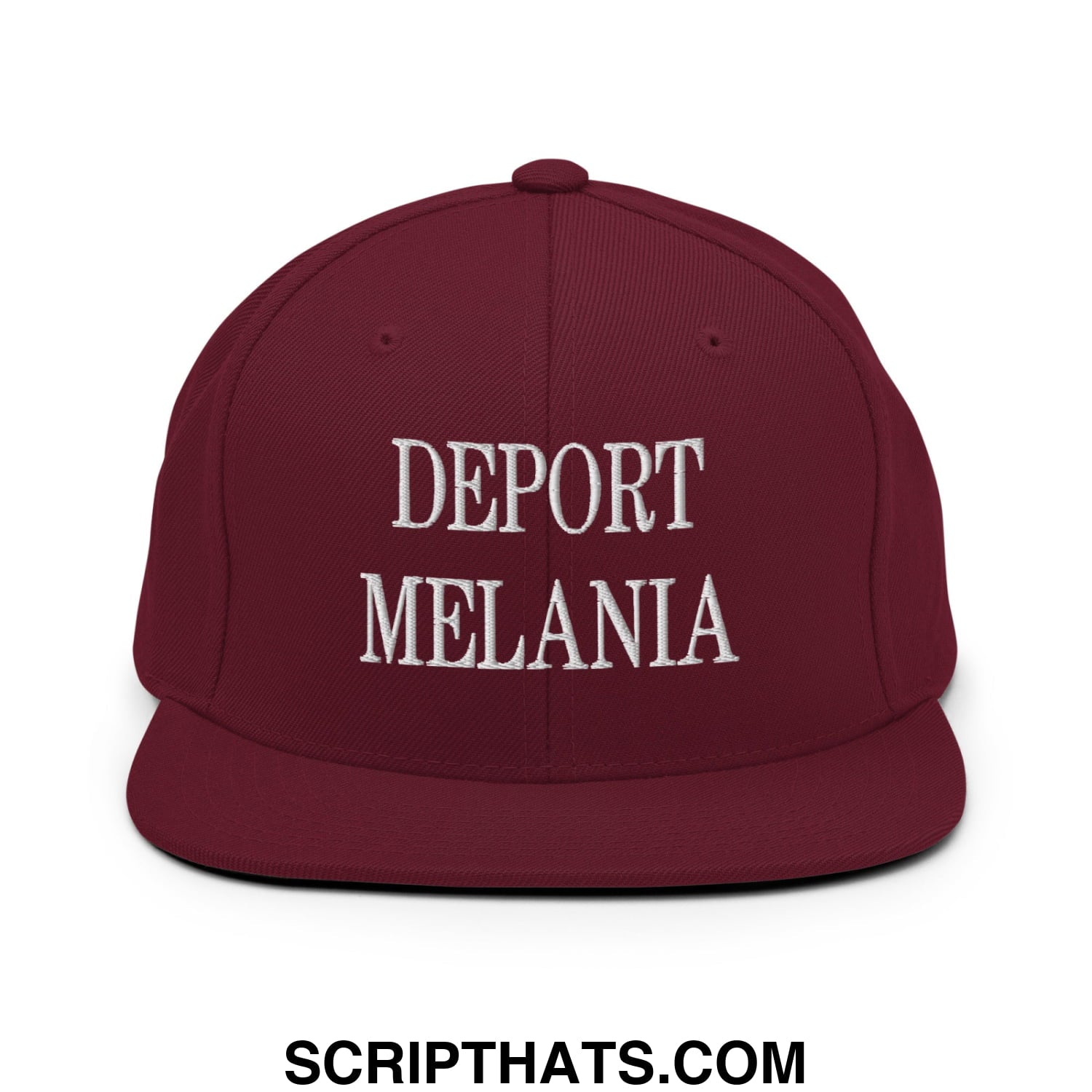 Maroon flat bill snapback hat with white embroidered text deport melania featuring a classic adjustable design