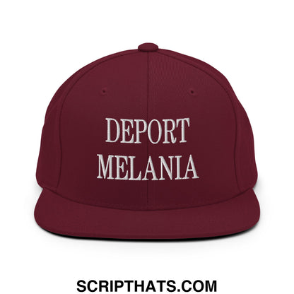 Maroon flat bill snapback hat with white embroidered text deport melania featuring a classic adjustable design