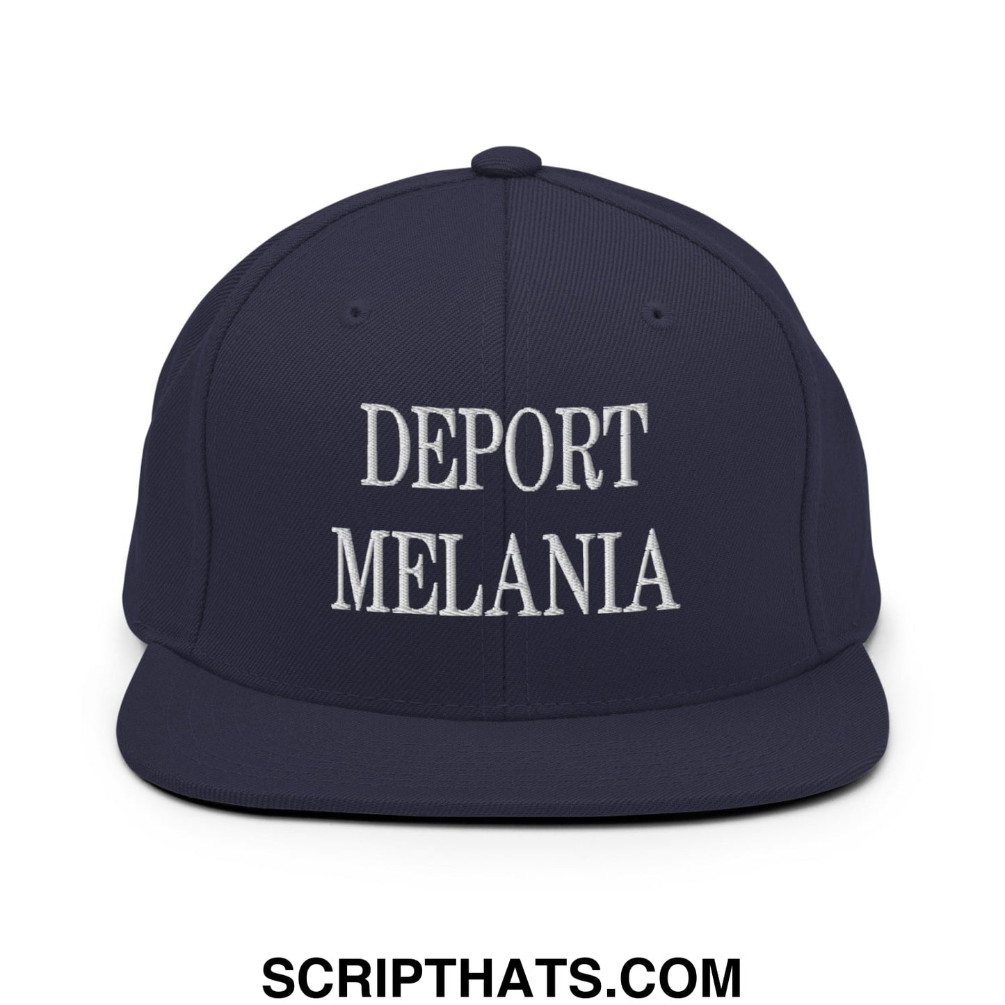 Navy blue snapback hat with white embroidered deport melania text and flat bill brim in a cotton blend material