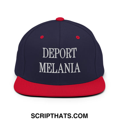 Navy blue and red snapback hat with white embroidered deport melania text and flat bill brim design