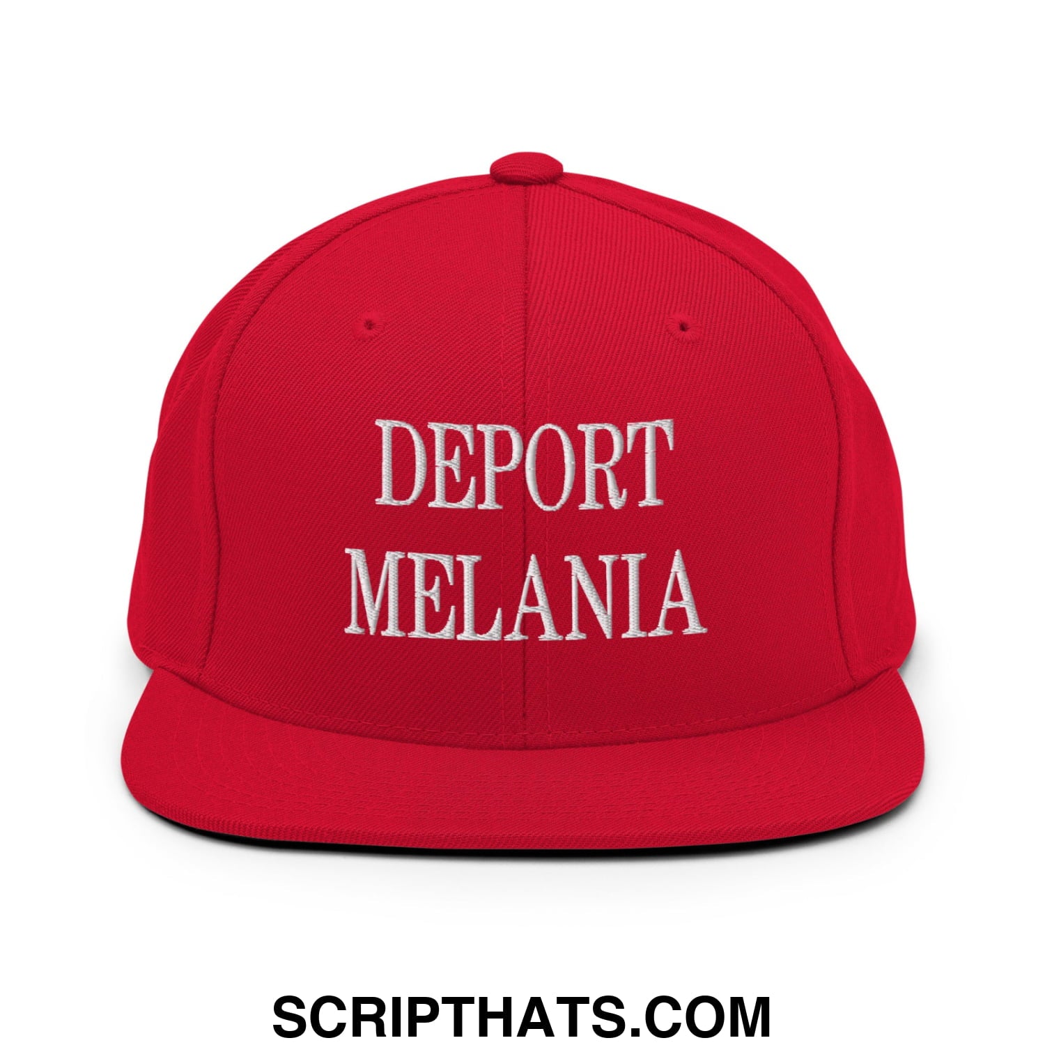 Red snapback hat with white embroidered deport melania text featuring a flat bill brim design