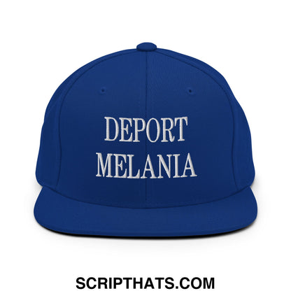 Royal blue snapback hat with white embroidered deport melania text and flat bill brim for casual wear
