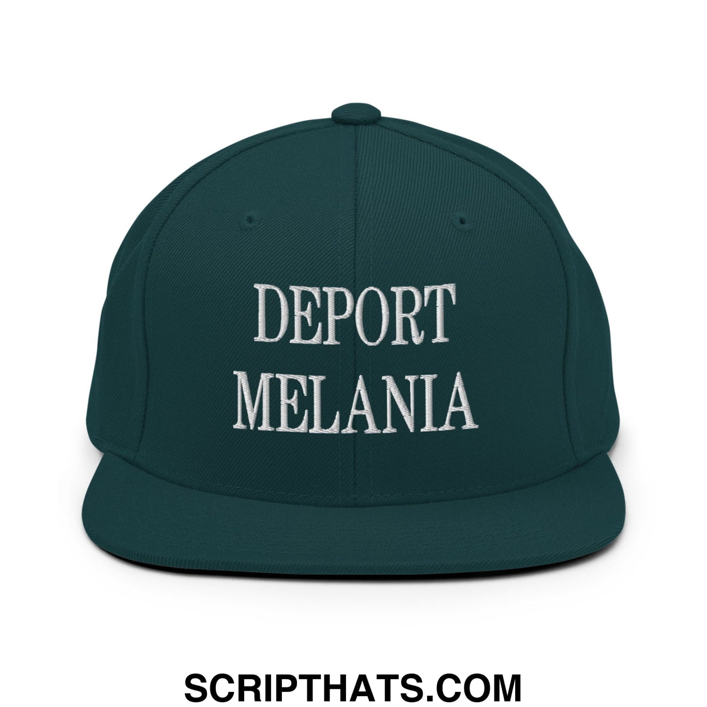 Dark green snapback hat with white embroidered text deport melania flat bill brim adjustable cap