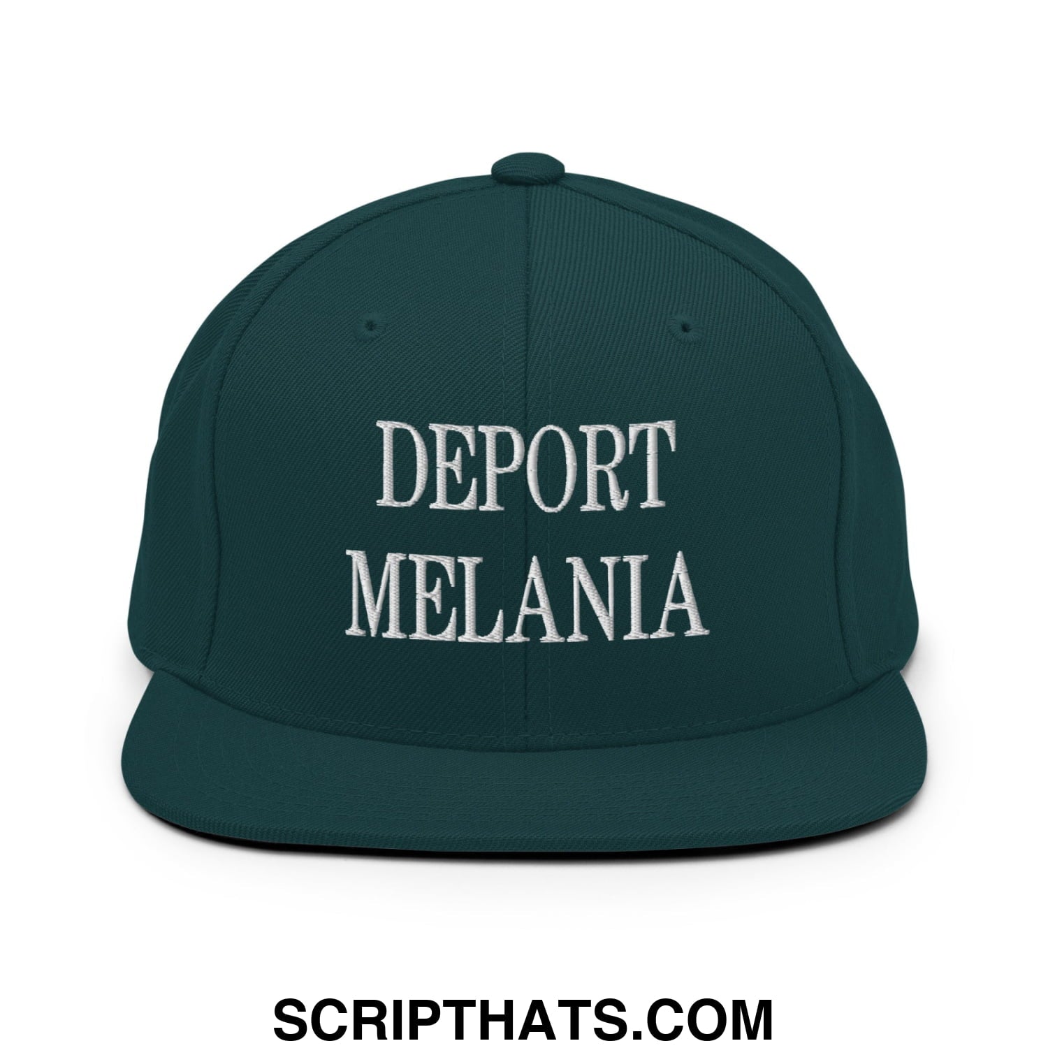 Dark green snapback hat with white embroidered text deport melania flat bill brim adjustable cap
