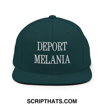 Dark green snapback hat with white embroidered text deport melania flat bill brim adjustable cap