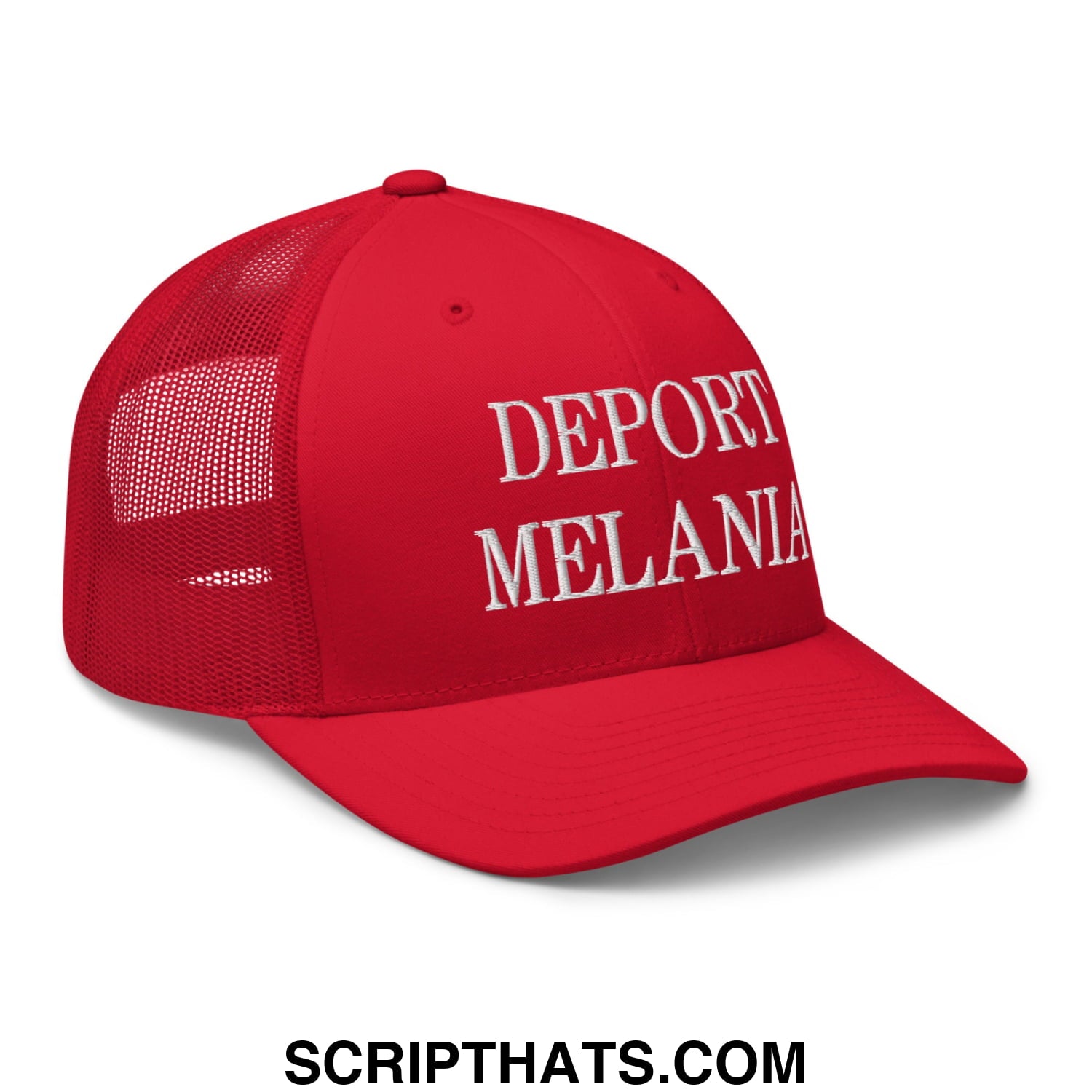 Red mesh trucker hat with white embroidered text deport melania on the front in a bold statement design