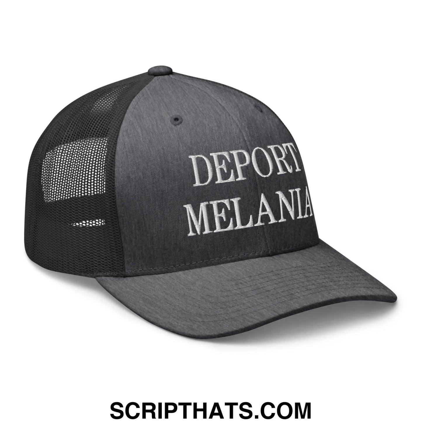 Black mesh trucker hat with white embroidered deport melania text on front panel for casual wear