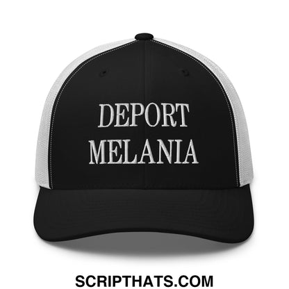 Black and white mesh trucker hat with bold uppercase deport melania embroidered on the front panel
