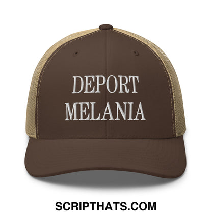 Brown and tan mesh trucker hat with white embroidered deport melania text front and center