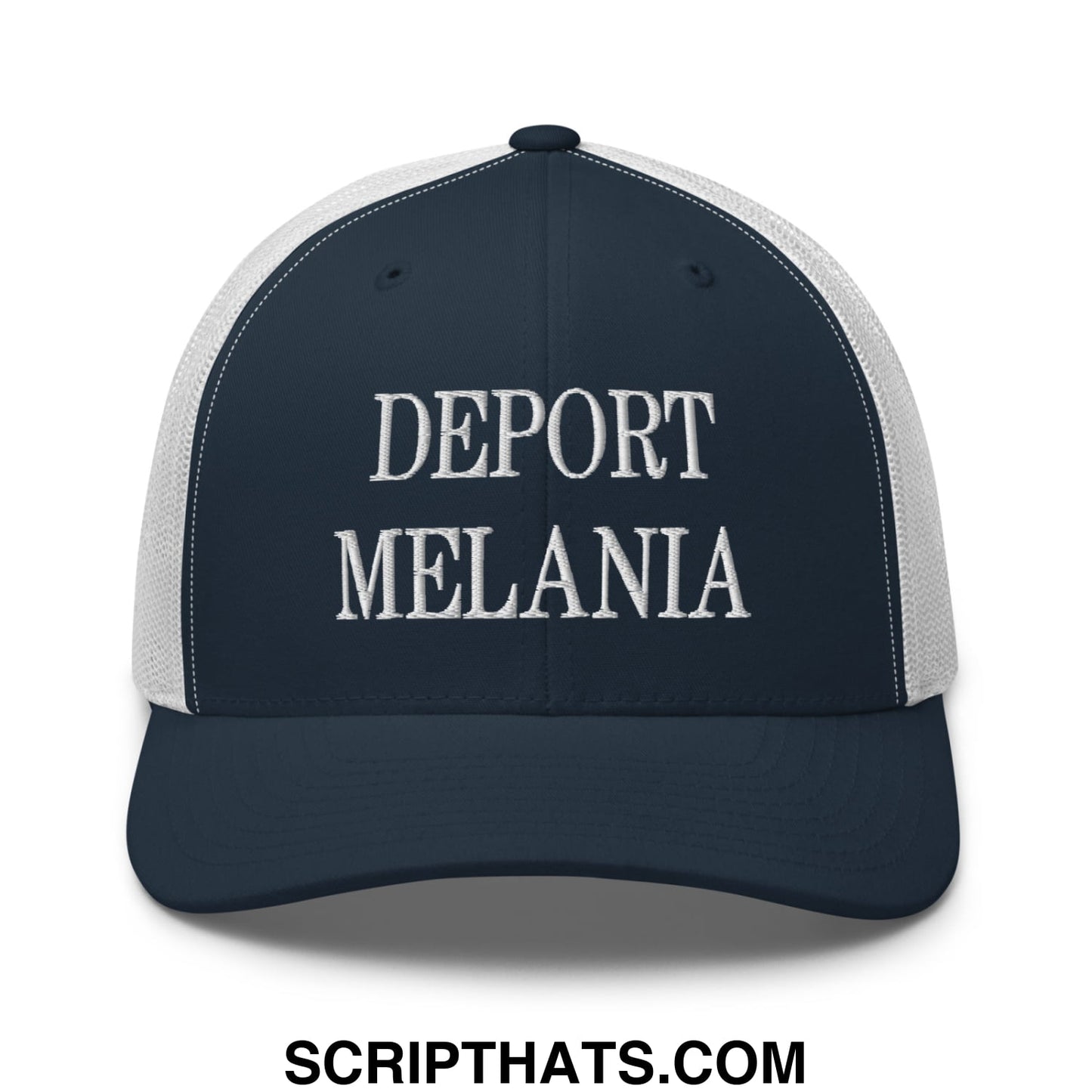 Navy blue and white mesh trucker hat with bold embroidered deport melania text in uppercase letters