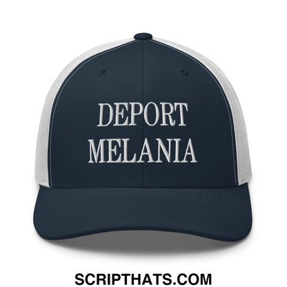 Navy blue and white mesh trucker hat with bold embroidered deport melania text in uppercase letters