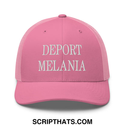 Pink mesh trucker hat with white embroidered deport melania text on the front in a casual style design