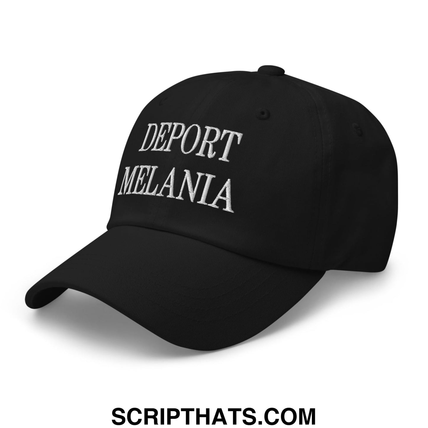 Black unstructured dad hat with white embroidered text deport melania featuring a casual fit and cotton material